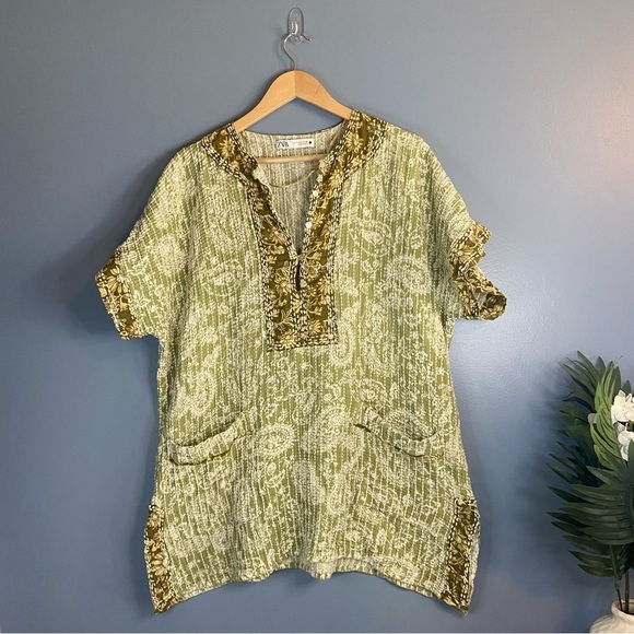 Zara Green Boho Print Quilted Tunic Mini Dress - Picture 10 of 10